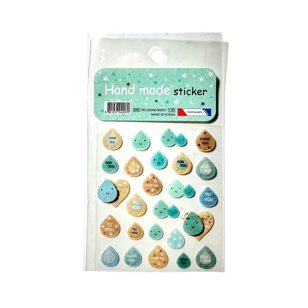 Vintage Morning Glory Korea Raindrop + Heart Hand Made Sticker Sheet Glitter 3D